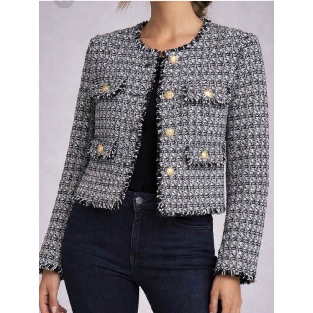Joie Womens Black White Tweed Frayed Trim Gold Button Crop Lady Jacket M Preppy